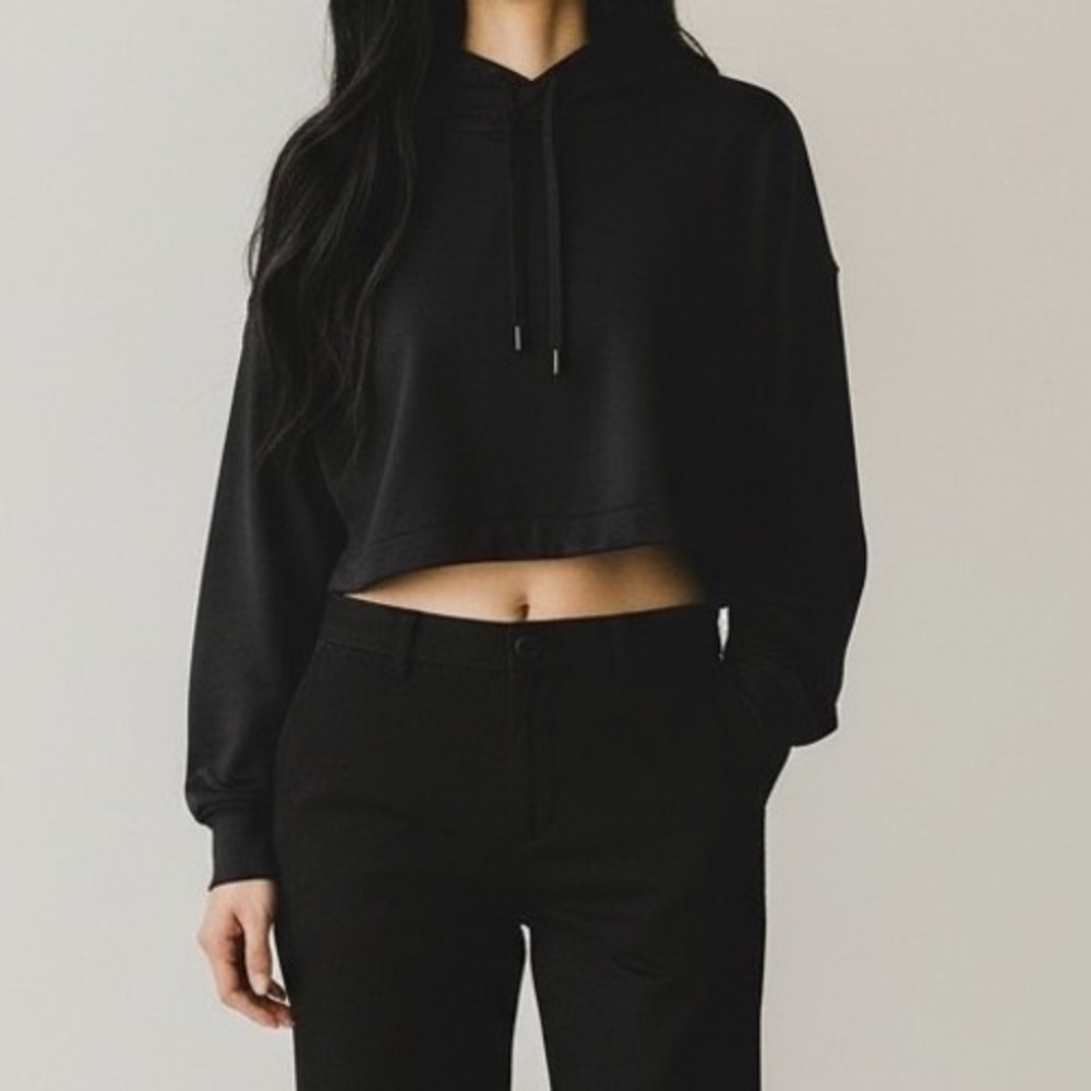Cropped Black Pullover Hoodie Drawstring Athleisure Women's Size XL